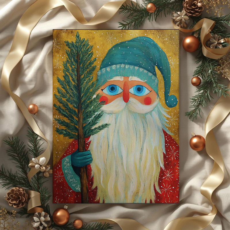 Rustic Santa Claus canvas wall art oil painting, whimsical Christmas hallway decor for festive, welcoming farmhouse homes