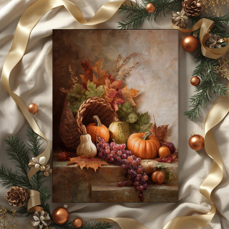 Rustic Thanksgiving centerpiece canvas wall art featuring pumpkins and mums, autumn harvest palette styled for hallway