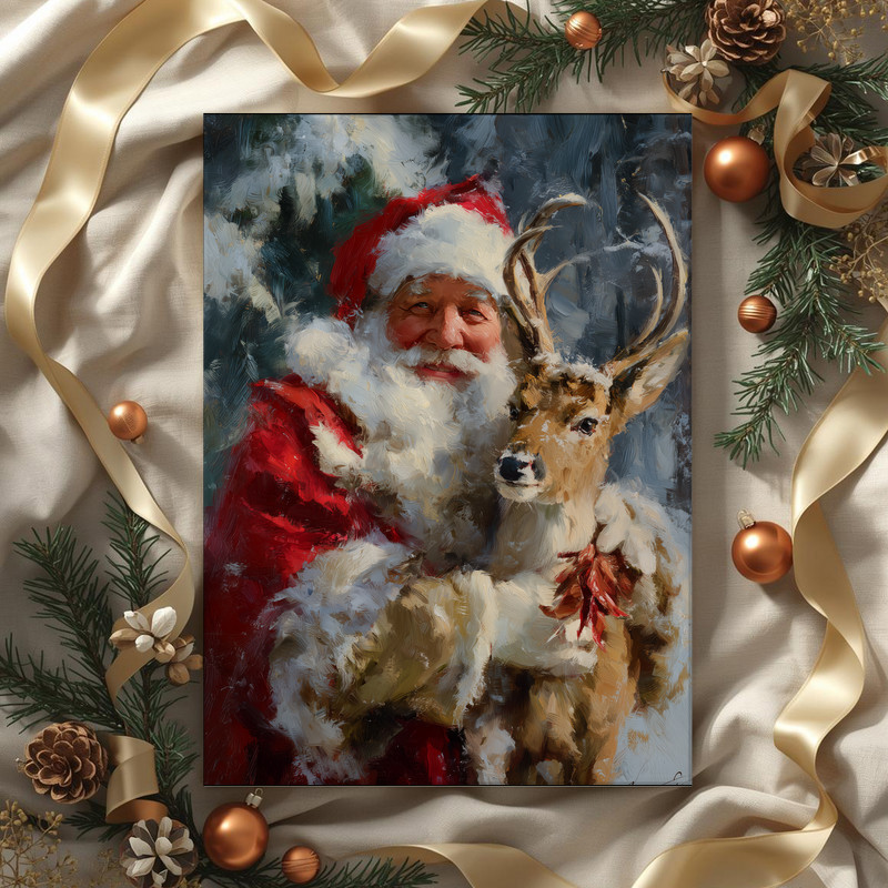 Santa Claus with reindeer forest canvas wall art, starry night sky and pine silhouettes, cozy Scandinavian winter decor