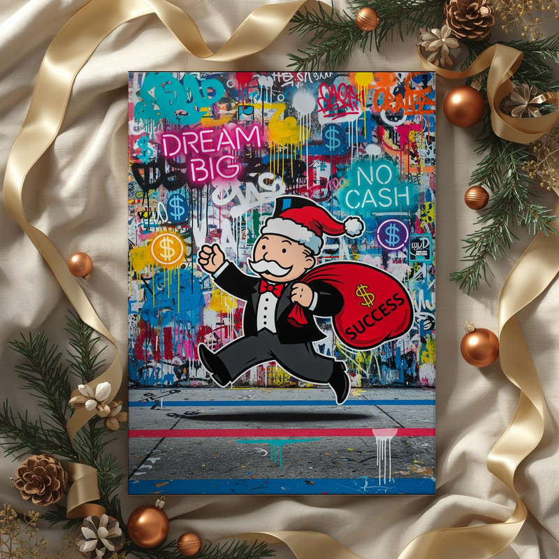 Santa hustle canvas wall art in urban-inspired typography, 'Dream Big, No Cash, All Success' message for creative studio walls