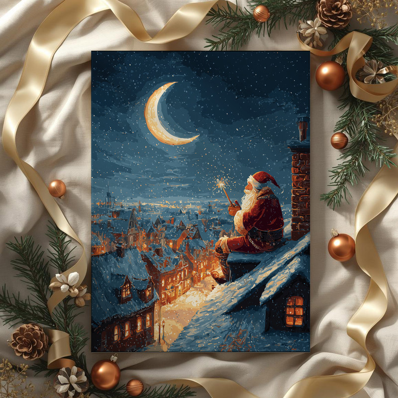 Santa's rooftop magic Christmas night canvas wall art, festive glow and sparkling snow ideal for holiday hallway decor
