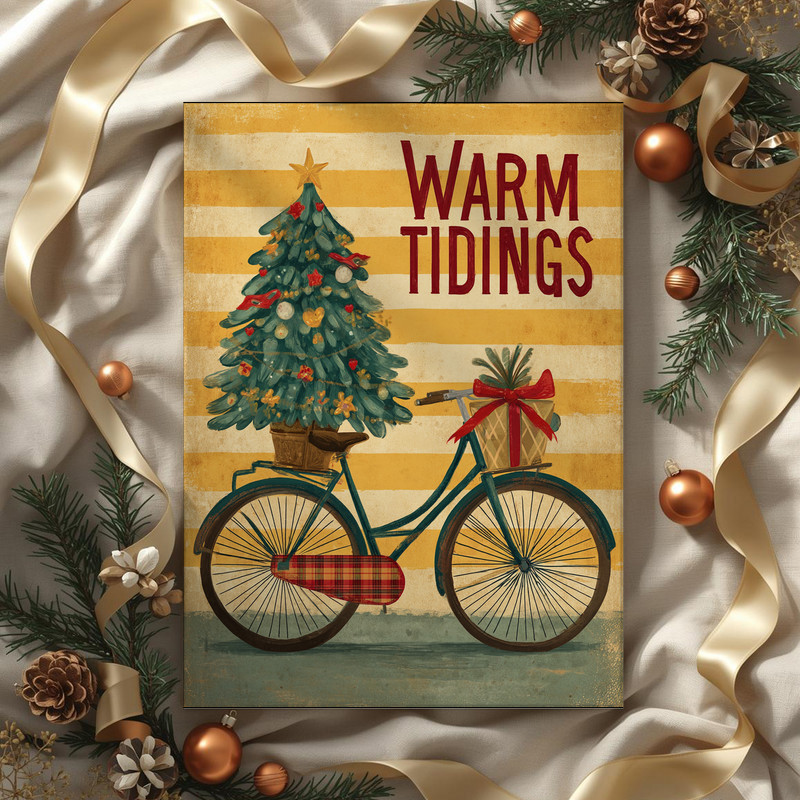 Christmas bicycle canvas wall art on navy background, bike with tree and gold stars, mid-century holiday decor