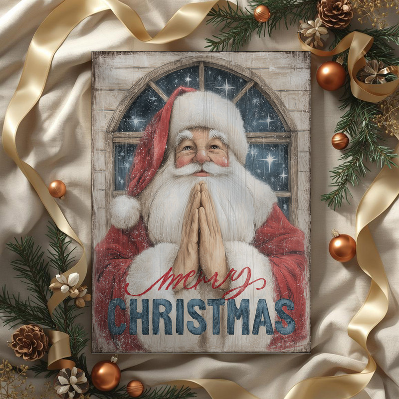 Whimsical Santa Christmas canvas wall art, cozy farmhouse hallway piece with distressed look and twinkle lights, square