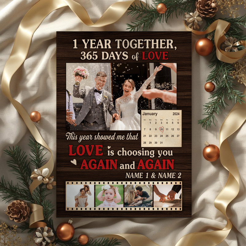 1st anniversary canvas wall art photo collage personalized with names, date, and wedding photos, cozy bedroom wall decor