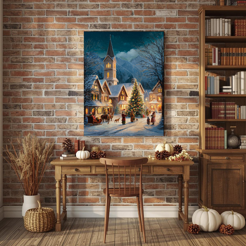 Magical Christmas night canvas wall art below a snowy mountain sky, calm winter night palette, modern hallway decoration