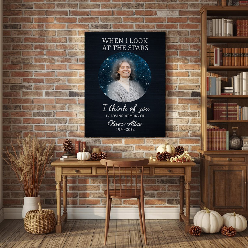 Mom tribute memorial canvas wall art with In Loving Memory script and feather, personalized dates, entryway, sympathy gift