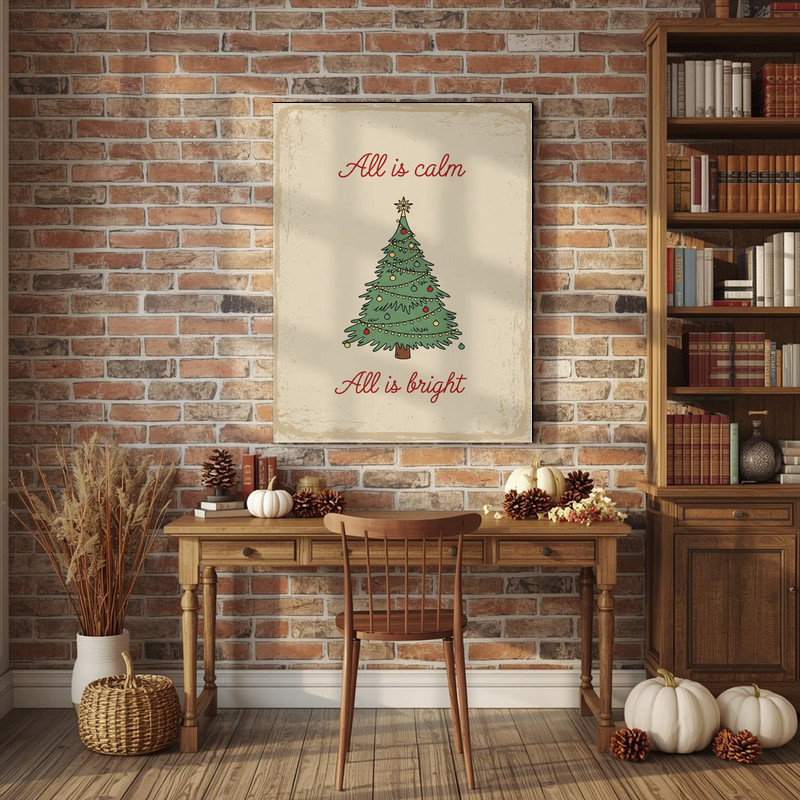 All Is Calm, All Is Bright minimalist Christmas canvas wall art with subtle seasonal quote and neutral palette for entry hall