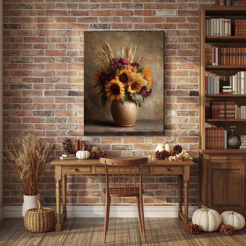 Autumn sunflower and wheat bouquet canvas wall art in clay vase, boho still life on beige background for hallway wall styling