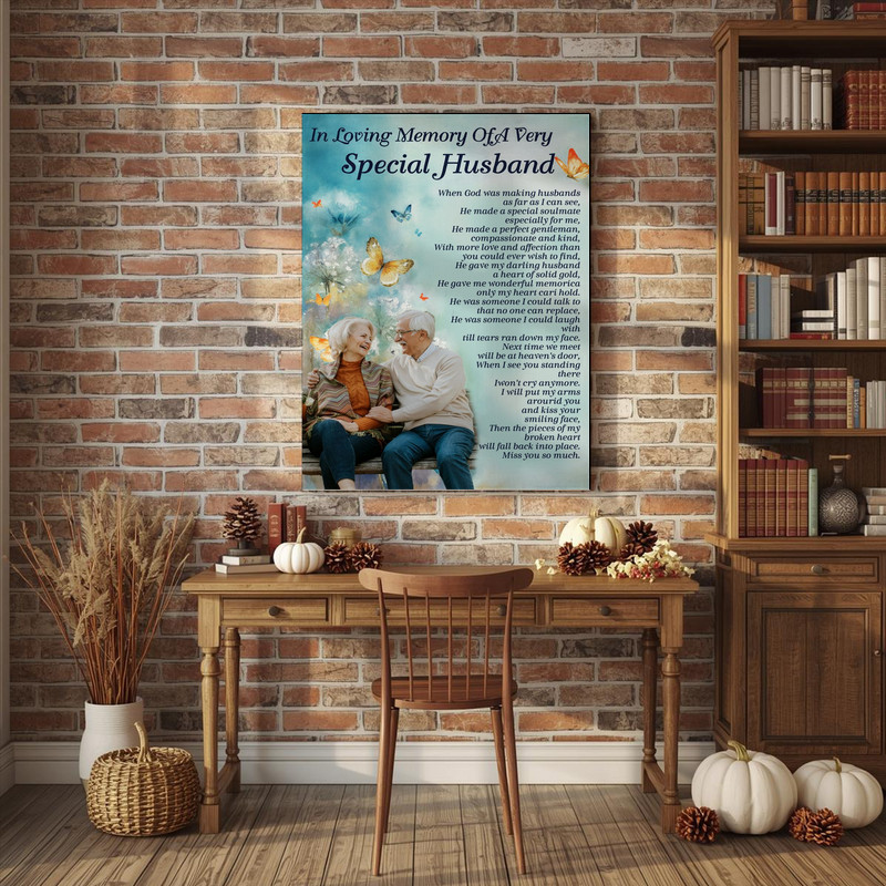 Bereavement personalized canvas wall art for husband, custom name and dates beneath 'In Loving Memory', comforting remembrance gift for widow