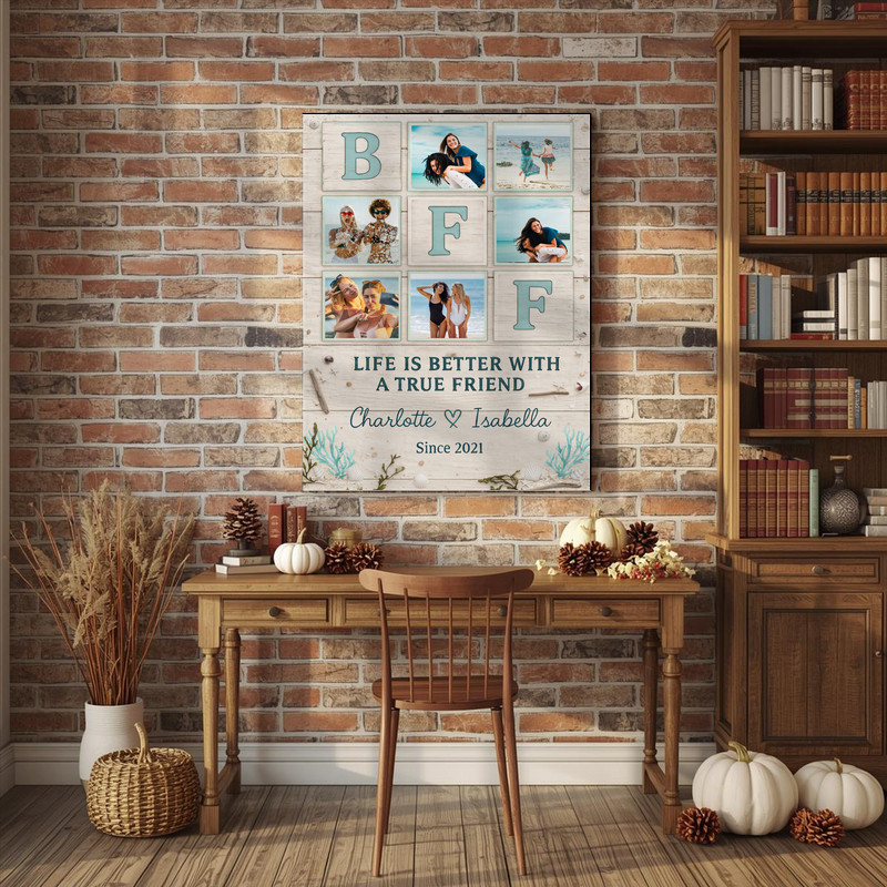 Best Friend Forever photo collage canvas wall art with rustic coastal wood background, photo grid with names, birthday gift