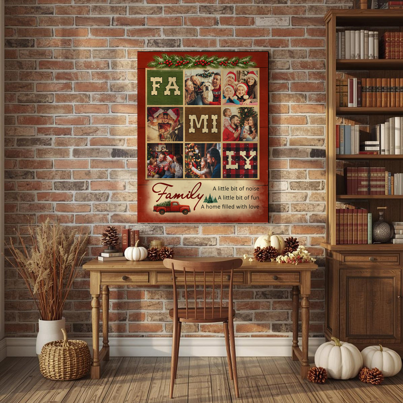 Rustic farmhouse family photo collage canvas, panoramic layout with custom family name, uplifting quote, reclaimed wood style, memorable parents gift