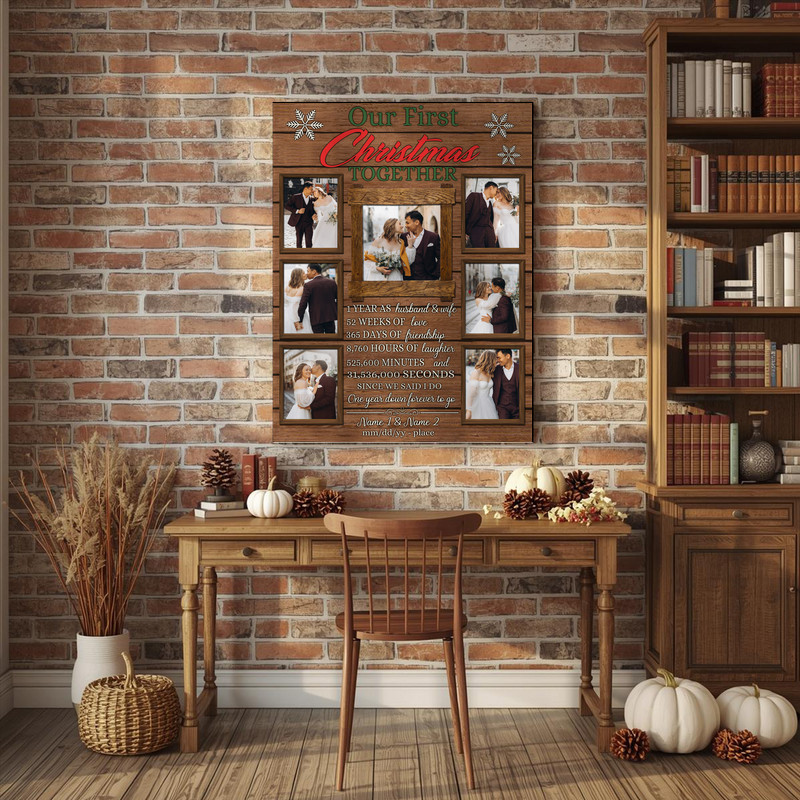 Our First Christmas Together photo collage canvas, custom with names and date, celebrating a couple’s first year married