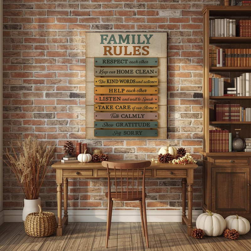 Family rules canvas print, rustic farmhouse wall art, housewarming gift, neutral text design for entryway or living room