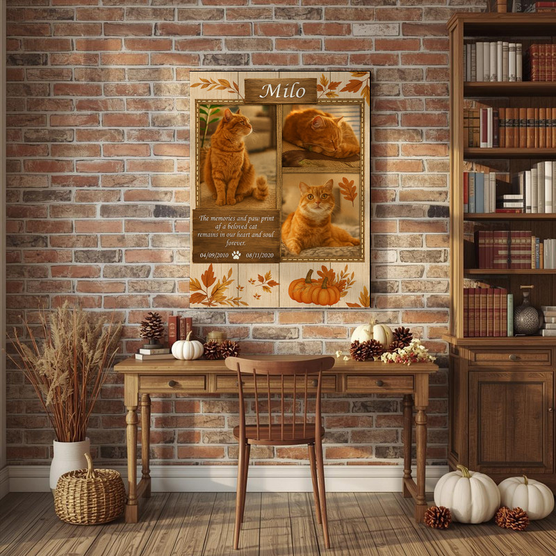Farmhouse cat memorial canvas art, custom pet portrait collage with fall foliage; remembrance keepsake for home
