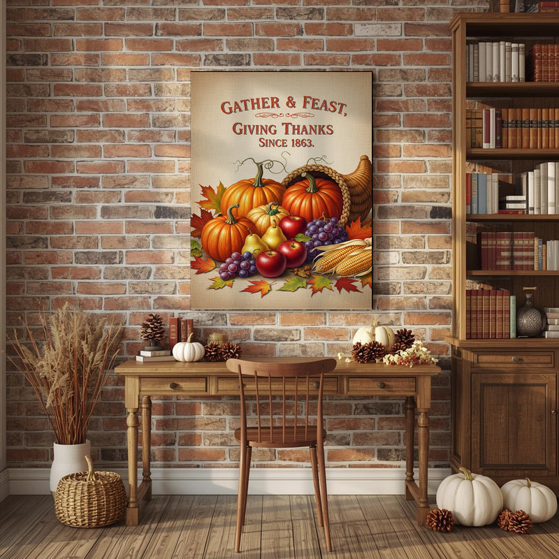 Farmhouse cornucopia canvas wall art for hallway decor with textured finish, harvest tones, and 'Gather & Feast In Style'