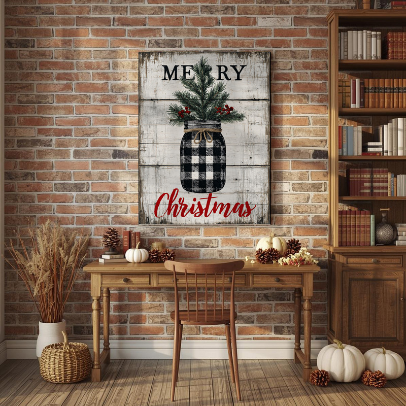 Farmhouse pine tree Christmas canvas wall art, distressed farmhouse style with two-tone greens, landscape layout for entryway