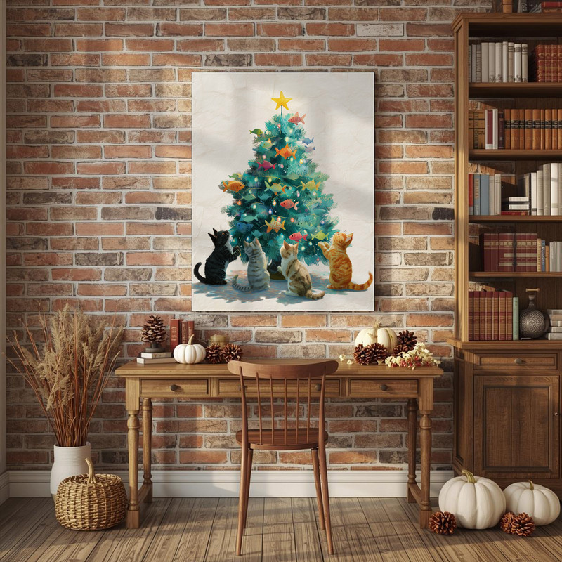 Christmas tree with curious kittens canvas wall art, festive cat-themed entryway decor adds playful touch to holiday home