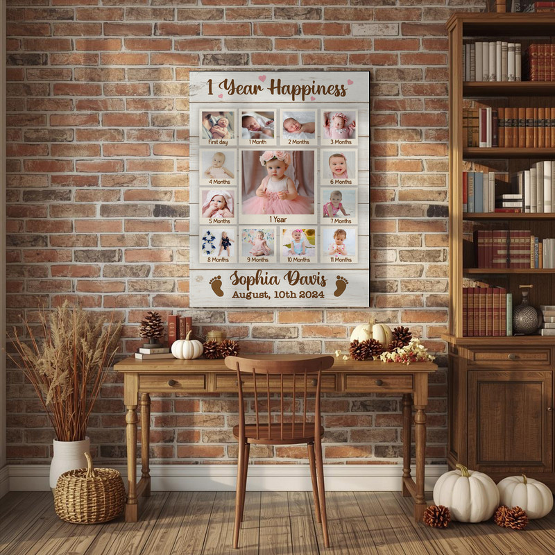 Baby 12-month milestone collage canvas, whitewashed farmhouse, 12-photo layout with custom name and date, 1st birthday gift