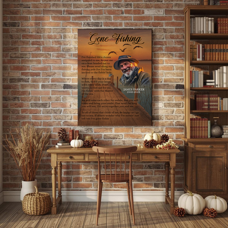 Fishing memorial canvas wall art with custom photo and name for home or cabin walls, a tribute to honor anglers