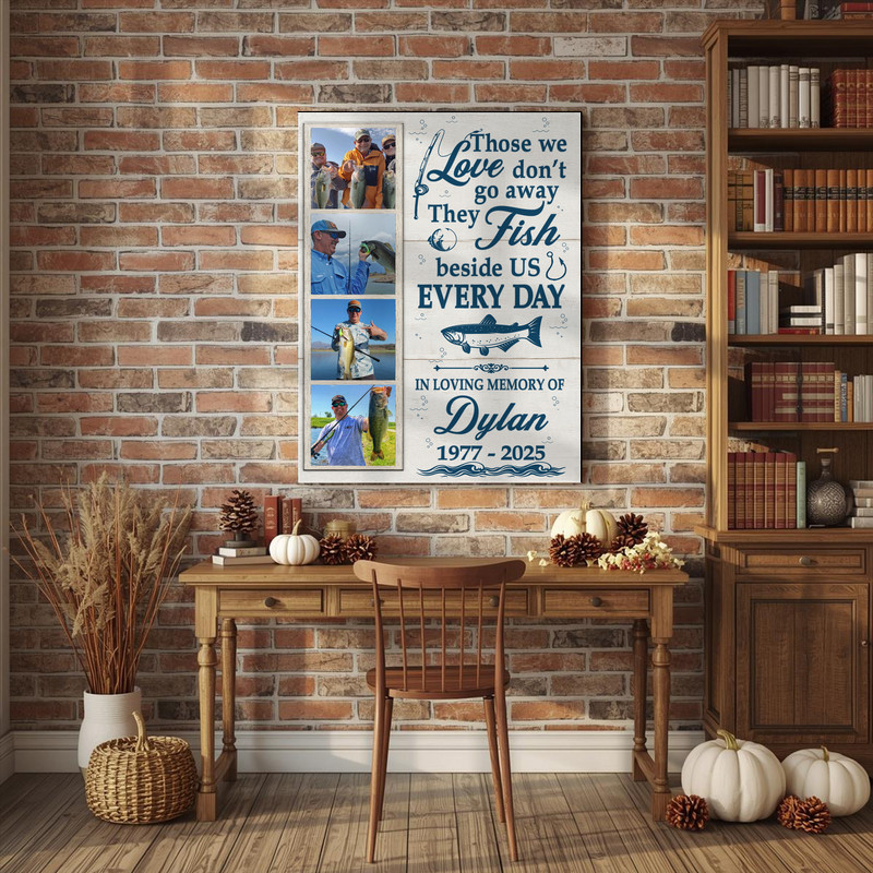 Fishing memorial canvas wall art, personalized photo collage for dad remembrance, "In Loving Memory" title, serene boat on water motif