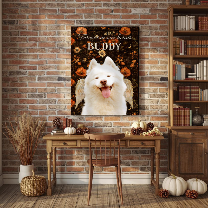 Custom dog remembrance canvas, autumn Thanksgiving theme, add name and dates, home entryway or family room decor.