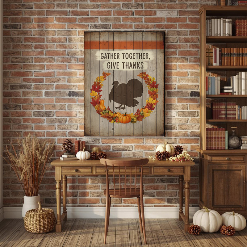 Gather Together Give Thanks canvas wall art, thoughtful Thanksgiving hostess gift and entryway accent in cozy rustic style