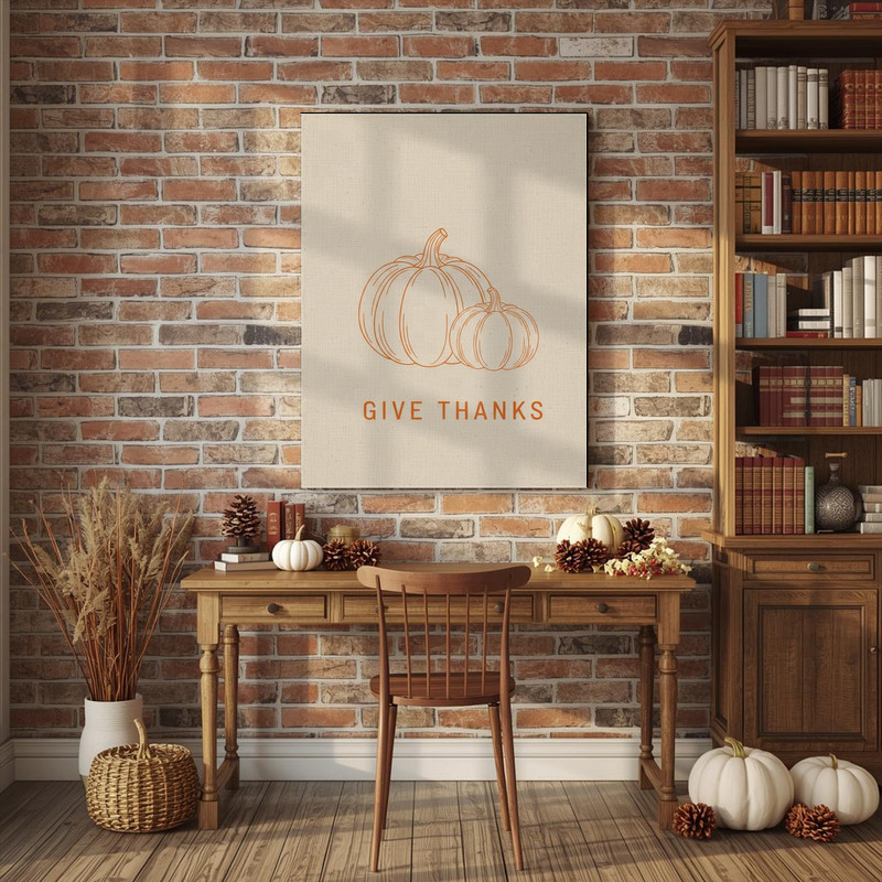 Give Thanks minimalist pumpkin wall art canvas with modern typography and soft orange accents, complements hallway fall decor