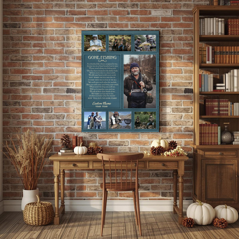 Gone Fishing memorial canvas wall art, parchment texture with personalized five-photo collage, script title, name and dates, boat graphic
