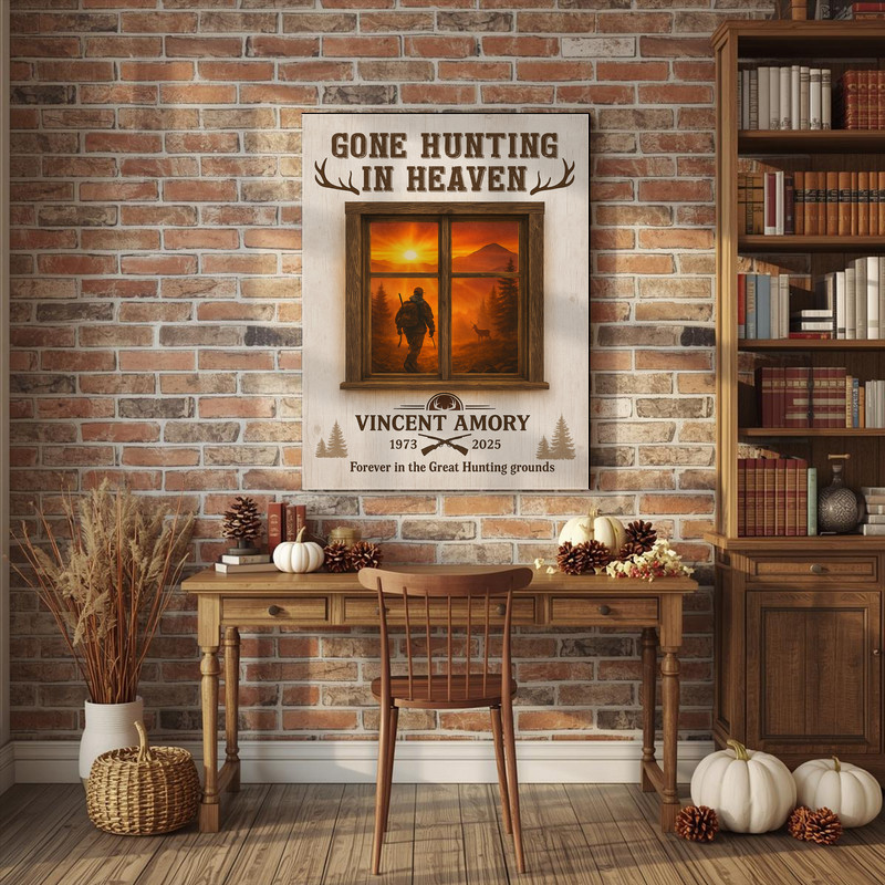 Memorial hunting canvas wall art, square rustic wood plank design, antlers, name and dates, remembrance gift for family