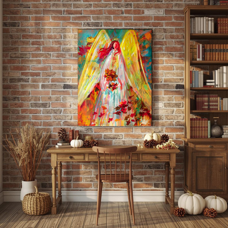 Autumn angel canvas wall art, radiant golden wings amid harvest leaves, minimalist spiritual painting for hallway gallery