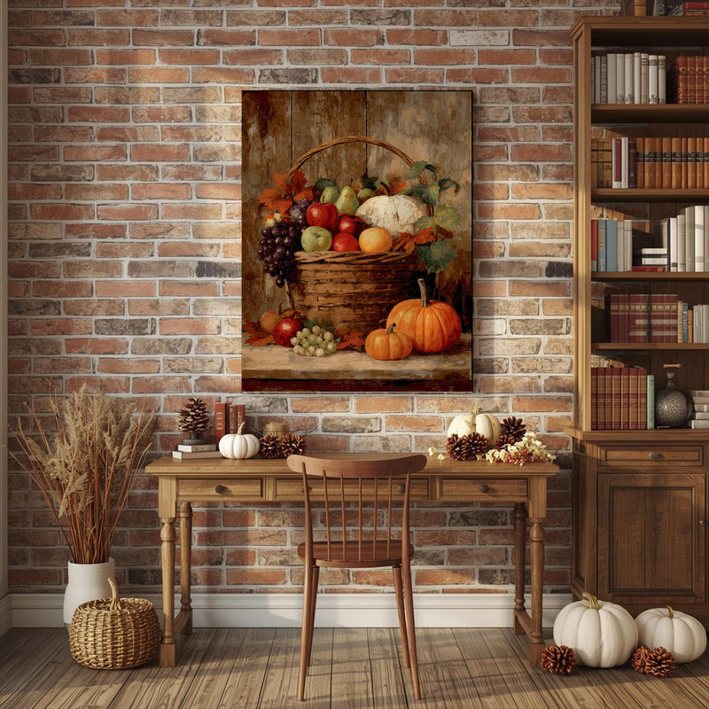 Vintage-inspired harvest still life canvas wall art with apples, pears, pumpkins in a basket, moody palette for hallway decor