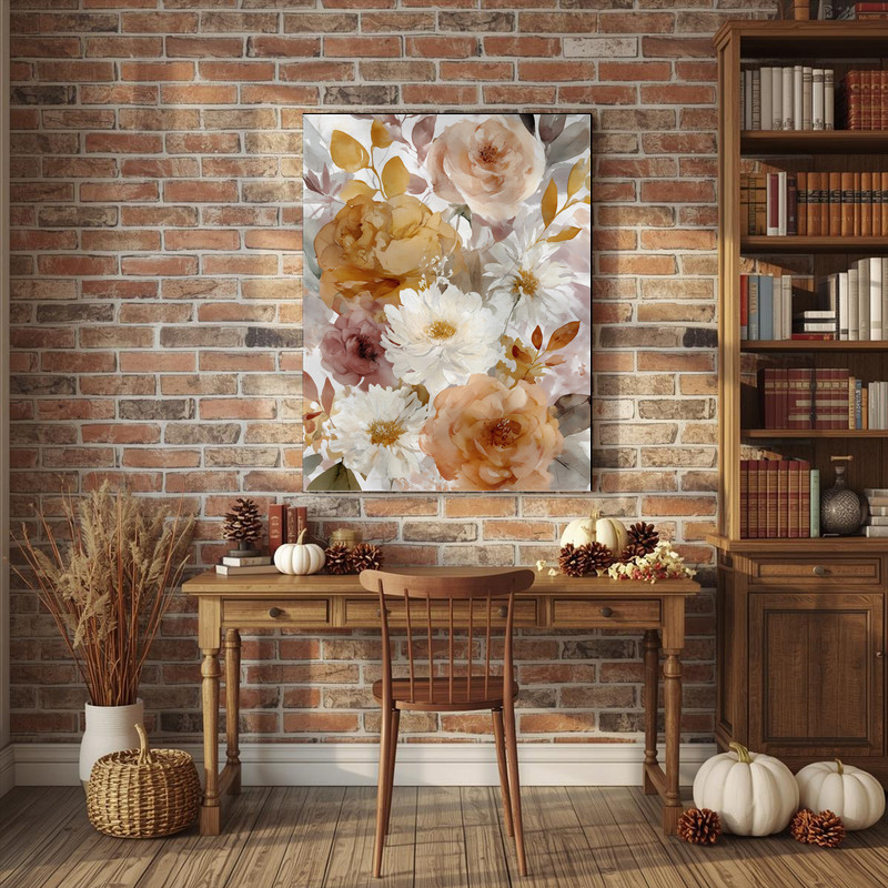Warm autumn watercolor floral canvas wall art with delicate petals on earth-toned background, Thanksgiving hallway decor