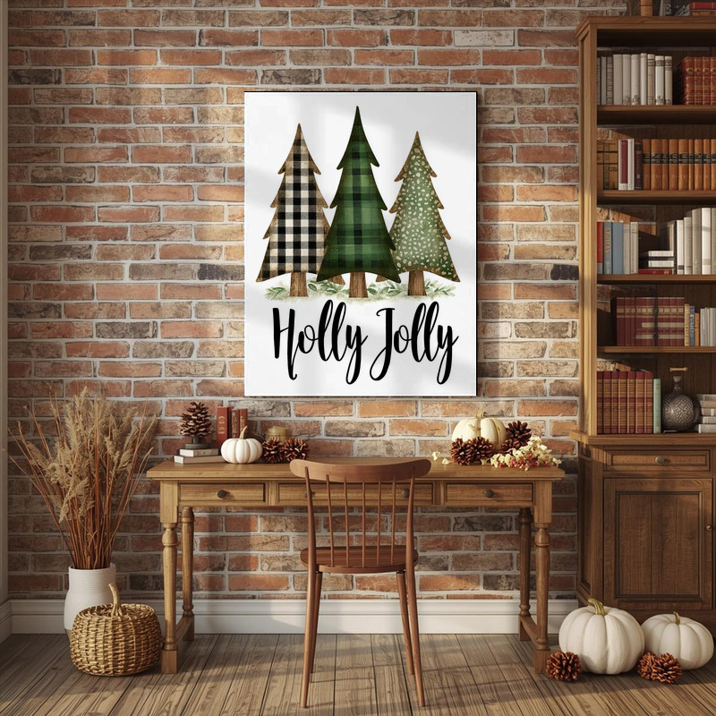 Holly Jolly rustic pine trees canvas wall art, Scandinavian farmhouse look for hallway, clean lines and simple holiday charm