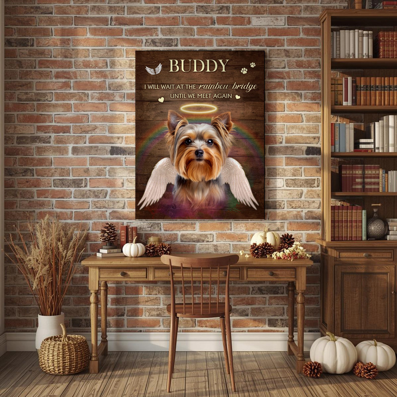 Dog loss sympathy pet portrait canvas wall art, angel wings and halo on soft lavender background, horizontal layout for living room Dog loss sympathy pet portrait canvas wall art, angel wings and halo on soft lavender background, horizontal layout for living room