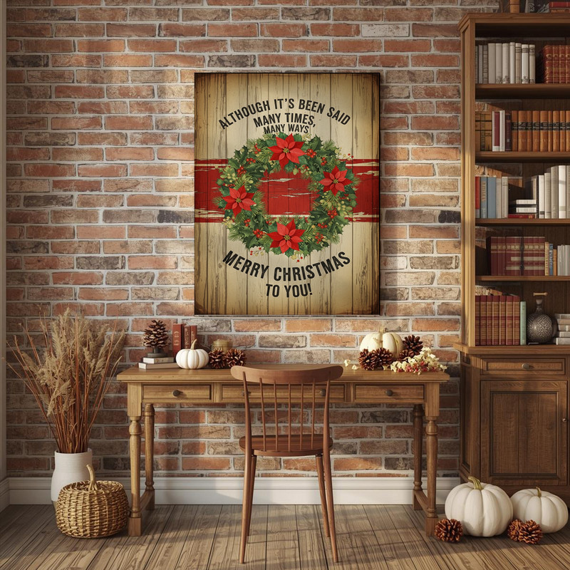 Nostalgic winter wreath canvas wall art, “Merry Christmas To You” in cursive, greenery circle on rustic backdrop, Christmas housewarming gift