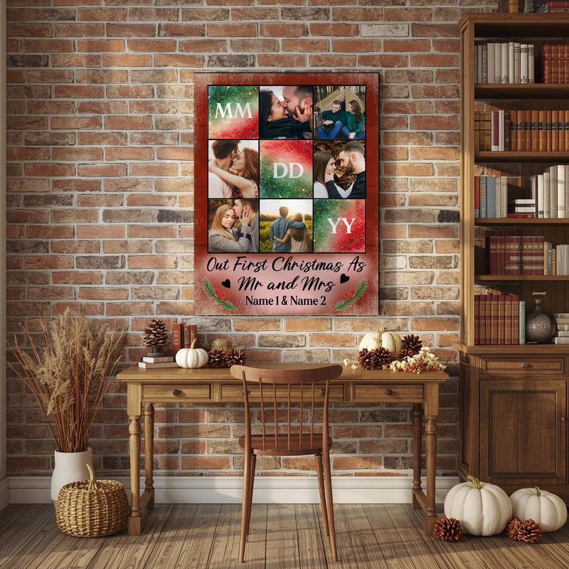 Our First Christmas as Mr & Mrs canvas wall art, photo collage, names and date, modern script on beige for living room Our First Christmas as Mr & Mrs canvas wall art, photo collage, names and date, modern script on beige for living room