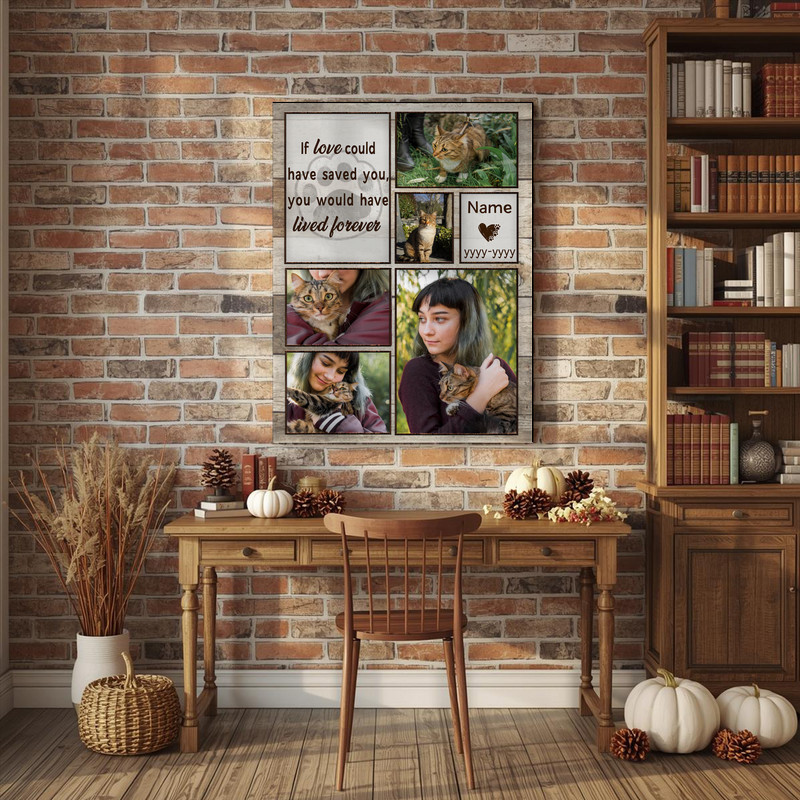 Cat memorial photo collage canvas wall art, personalized with pet photos, name and dates; condolence gift for cat lovers