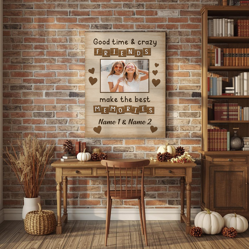 Friendship photo canvas print in rustic farmhouse style, heartfelt wall art keepsake and long-distance best friend gift.