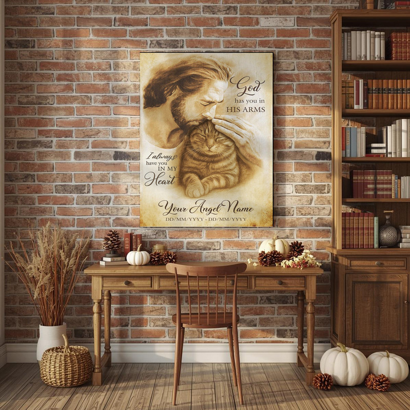 Cat tribute canvas wall decor, 'God Has You In His Arms', personalized name and dates, rainbow bridge theme for living room Cat tribute canvas wall decor, 'God Has You In His Arms', personalized name and dates, rainbow bridge theme for living room