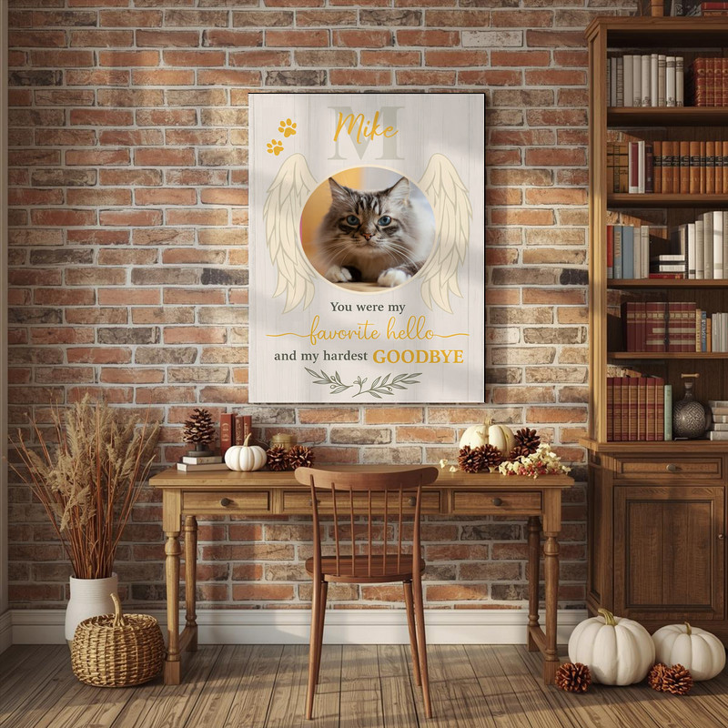 Cat memorial canvas wall art with rainbow bridge motif, pastel tones, angel wings, and personalized photo; pet loss gift