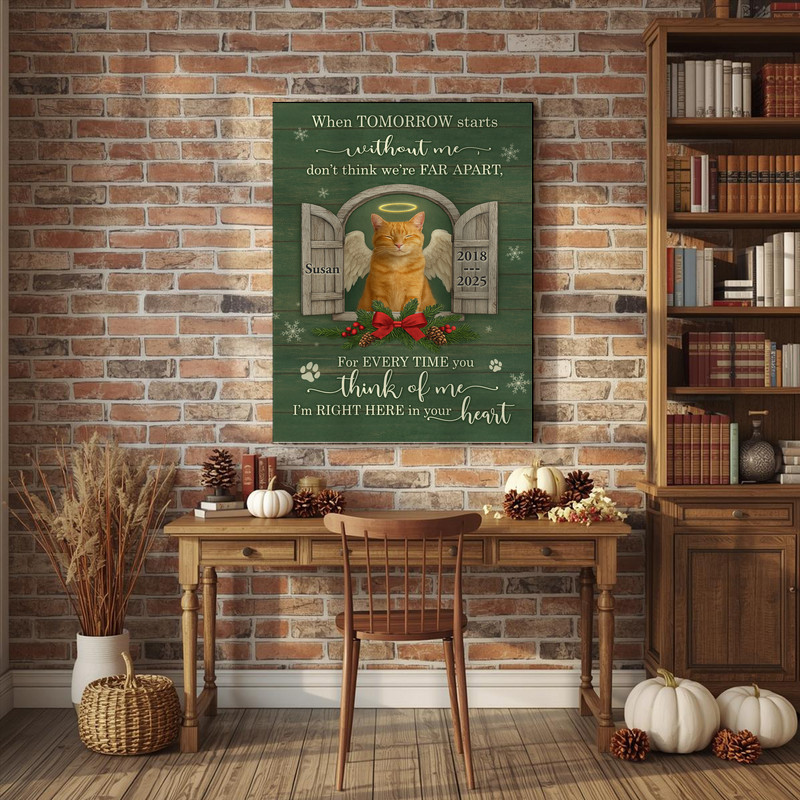 Cat memorial Christmas angel canvas wall art, canvas texture detail, custom name and years, rustic farmhouse pet loss tribute.