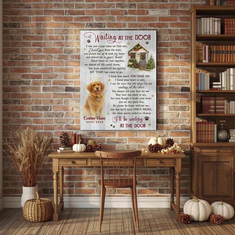 Dog memorial canvas wall art, entryway, 'Waiting at the Door' holiday design, custom pet name and dates, festive accent