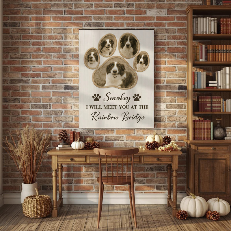 Dog memorial paw print canvas with five-photo paw collage, personalized dog name and dates, entryway decor tribute Dog memorial paw print canvas with five-photo paw collage, personalized dog name and dates, entryway decor tribute
