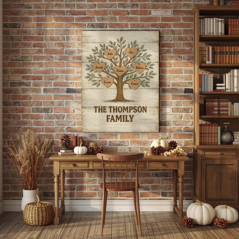 Personalized family tree canvas print customized with family surname and date, farmhouse, Christmas gift for grandparents