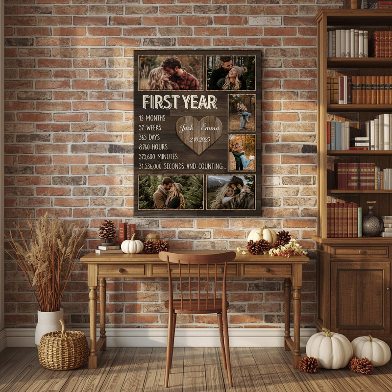 First-year anniversary photo collage canvas, personalized rustic decor with custom photos, names, and anniversary date