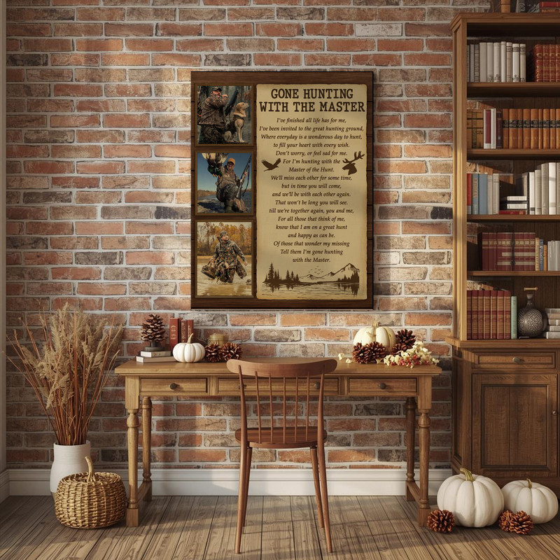 Hunter memorial canvas wall art, Gone Hunting tribute in rustic style, personalized with name and life dates, living room decor