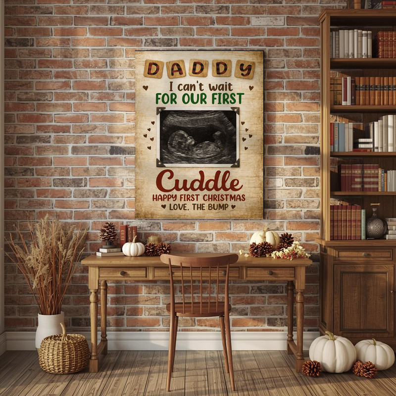 Christmas gift for dad-to-be rustic canvas personalized with baby ultrasound and from-bump message, heartfelt nursery wall art