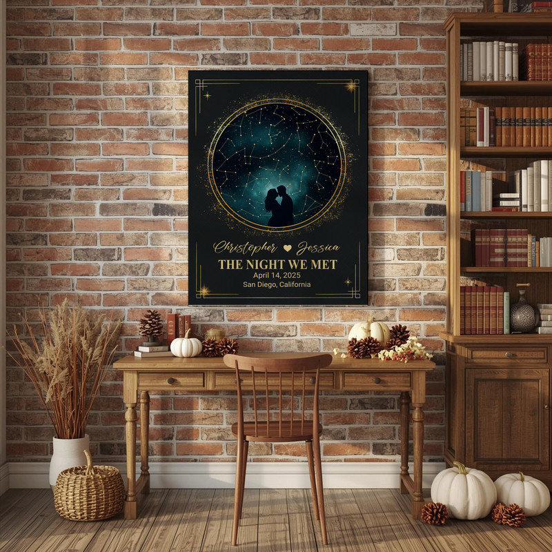 Custom night sky constellation wedding canvas, personalized with names, date, and venue coordinates, keepsake anniversary art