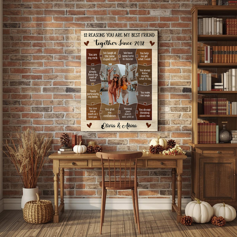 Best friend rustic canvas wall art listing 12 reasons, personalized with two names, heartfelt home office decor for your bestie