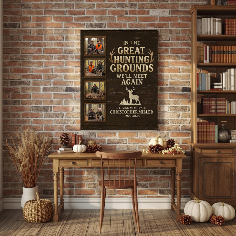 Memorial hunting canvas honoring a beloved hunter, camo accents on barnwood, personalized name and dates, warm tones, sympathy gift